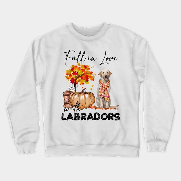 Fall In Love With Yellow Labradors Fall Pumpkin Thanksgiving Crewneck Sweatshirt by Gearlds Leonia